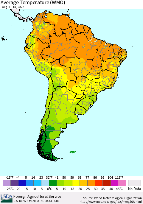 South America Average Temperature (WMO) Thematic Map For 8/8/2022 - 8/14/2022