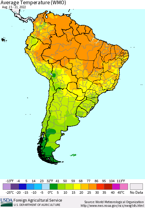 South America Average Temperature (WMO) Thematic Map For 8/15/2022 - 8/21/2022