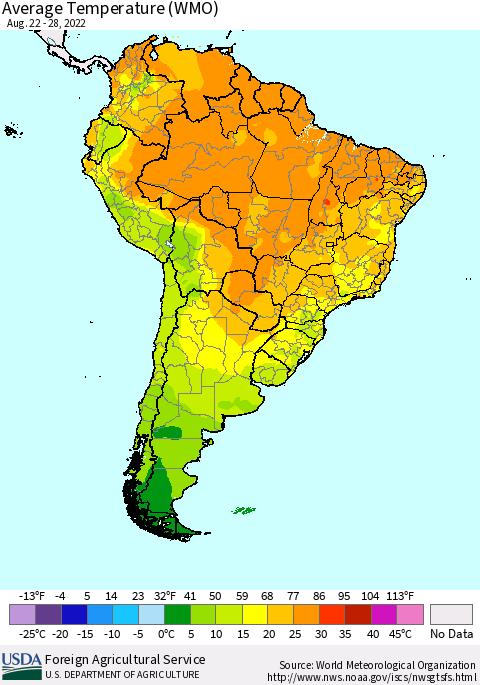 South America Average Temperature (WMO) Thematic Map For 8/22/2022 - 8/28/2022