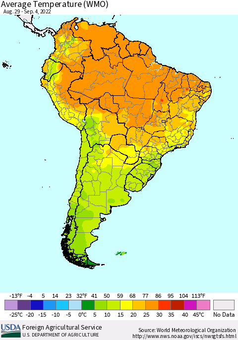 South America Average Temperature (WMO) Thematic Map For 8/29/2022 - 9/4/2022