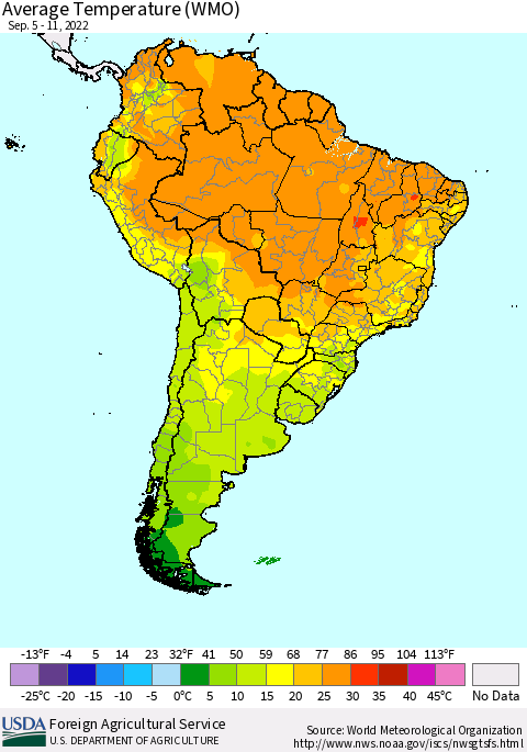 South America Average Temperature (WMO) Thematic Map For 9/5/2022 - 9/11/2022