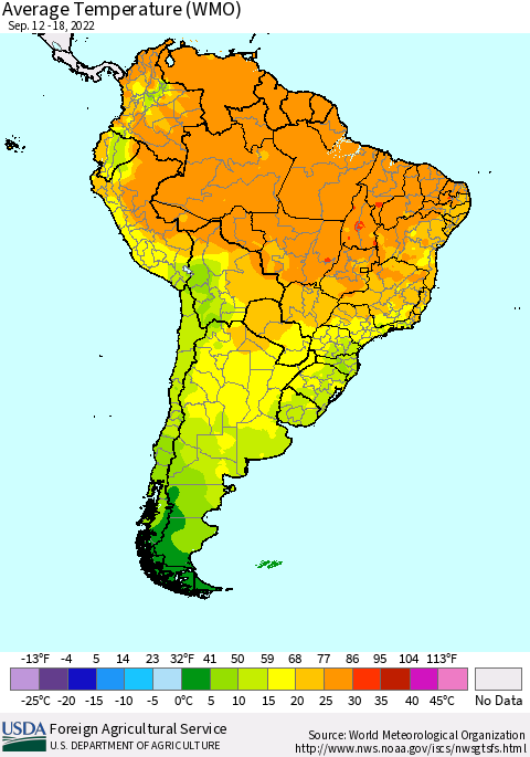 South America Average Temperature (WMO) Thematic Map For 9/12/2022 - 9/18/2022