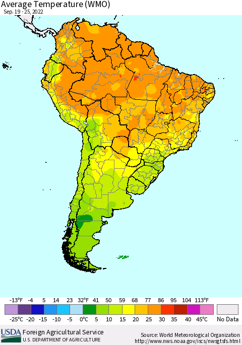 South America Average Temperature (WMO) Thematic Map For 9/19/2022 - 9/25/2022