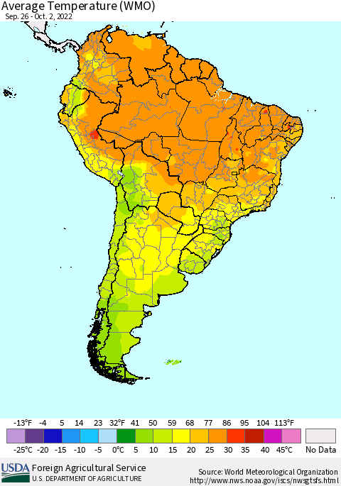 South America Average Temperature (WMO) Thematic Map For 9/26/2022 - 10/2/2022