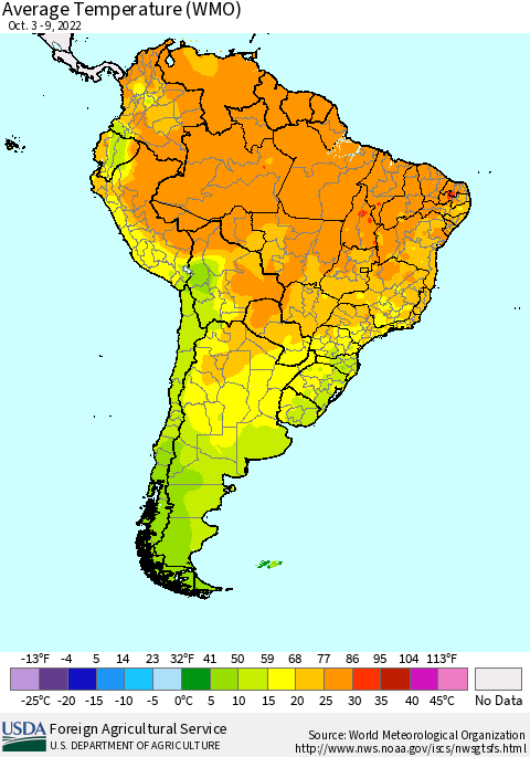 South America Average Temperature (WMO) Thematic Map For 10/3/2022 - 10/9/2022