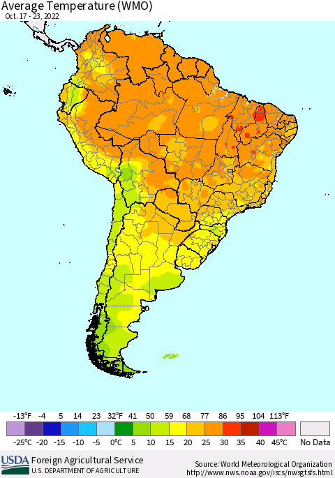 South America Average Temperature (WMO) Thematic Map For 10/17/2022 - 10/23/2022
