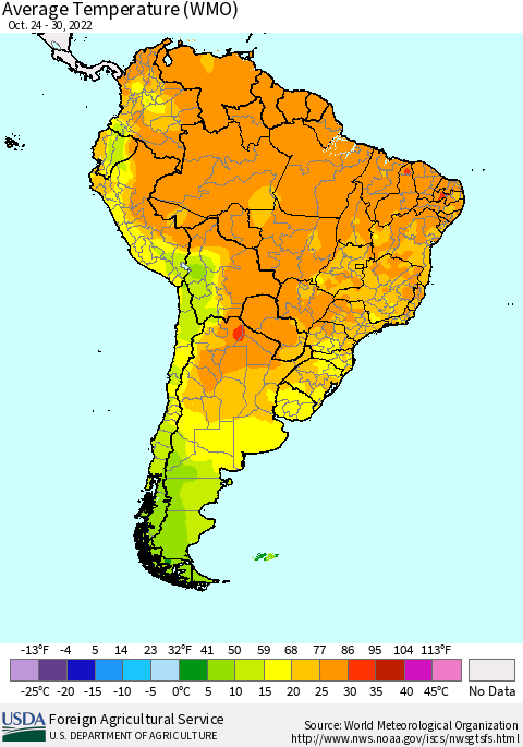 South America Average Temperature (WMO) Thematic Map For 10/24/2022 - 10/30/2022