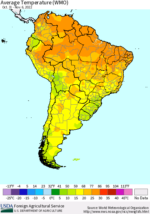 South America Average Temperature (WMO) Thematic Map For 10/31/2022 - 11/6/2022