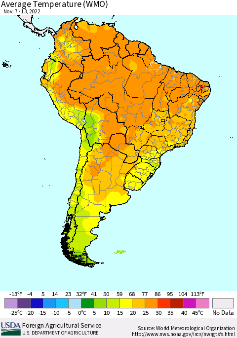 South America Average Temperature (WMO) Thematic Map For 11/7/2022 - 11/13/2022