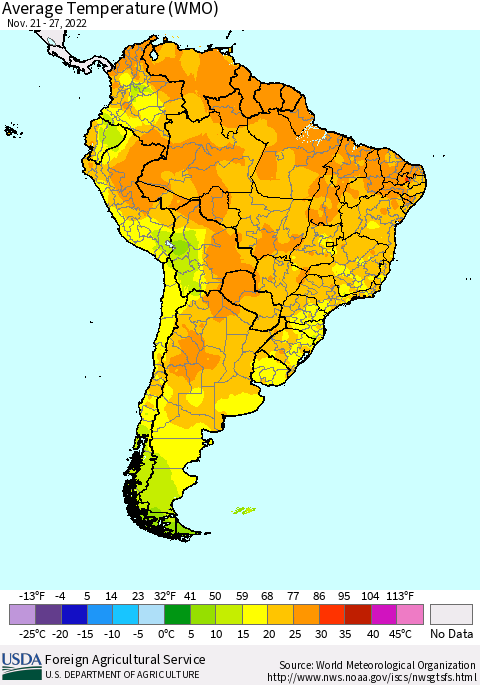 South America Average Temperature (WMO) Thematic Map For 11/21/2022 - 11/27/2022