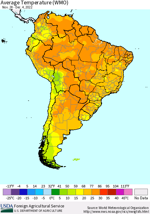 South America Average Temperature (WMO) Thematic Map For 11/28/2022 - 12/4/2022