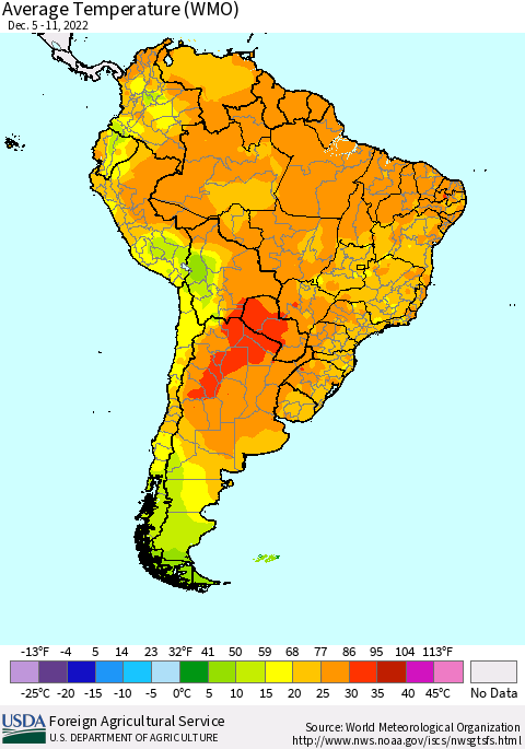 South America Average Temperature (WMO) Thematic Map For 12/5/2022 - 12/11/2022