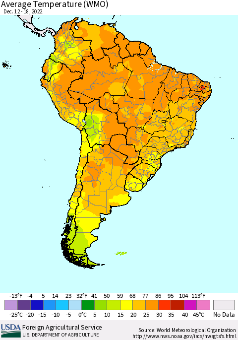 South America Average Temperature (WMO) Thematic Map For 12/12/2022 - 12/18/2022