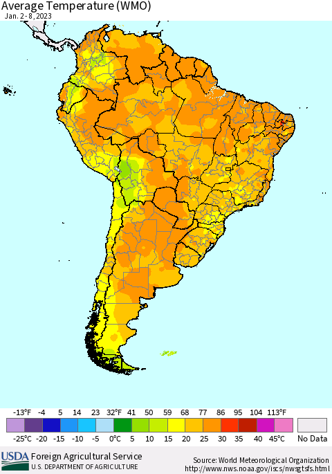 South America Average Temperature (WMO) Thematic Map For 1/2/2023 - 1/8/2023