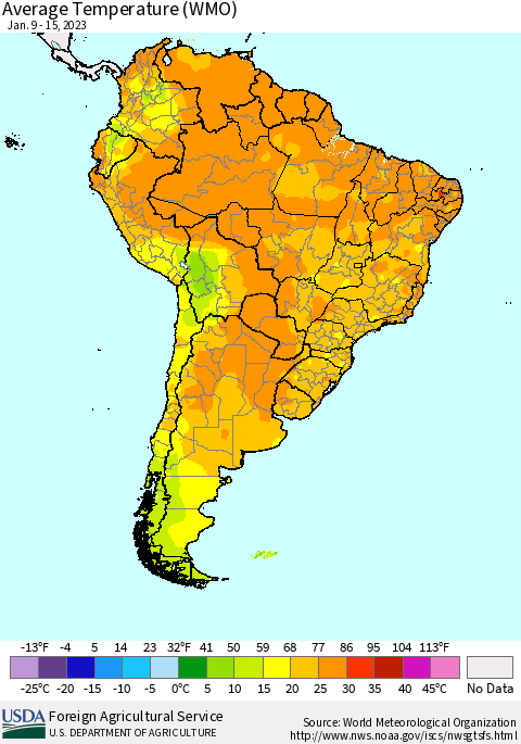 South America Average Temperature (WMO) Thematic Map For 1/9/2023 - 1/15/2023