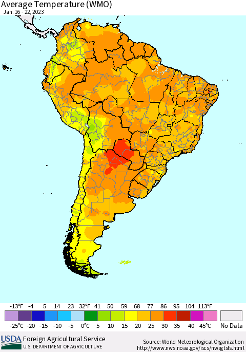 South America Average Temperature (WMO) Thematic Map For 1/16/2023 - 1/22/2023