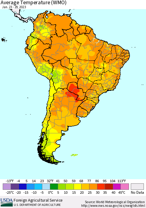South America Average Temperature (WMO) Thematic Map For 1/23/2023 - 1/29/2023