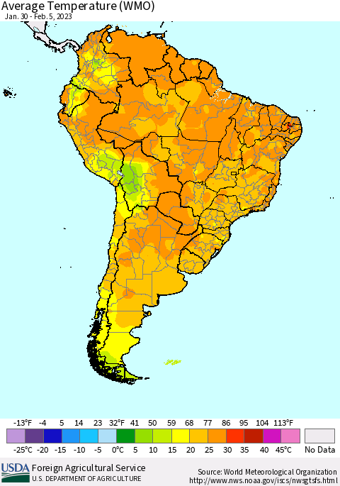 South America Average Temperature (WMO) Thematic Map For 1/30/2023 - 2/5/2023