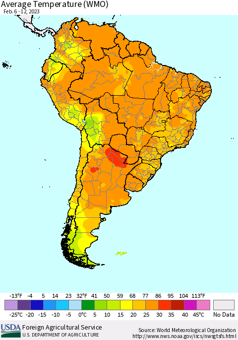 South America Average Temperature (WMO) Thematic Map For 2/6/2023 - 2/12/2023