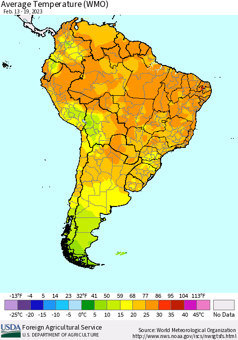 South America Average Temperature (WMO) Thematic Map For 2/13/2023 - 2/19/2023