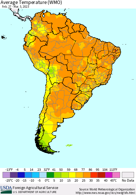South America Average Temperature (WMO) Thematic Map For 2/27/2023 - 3/5/2023