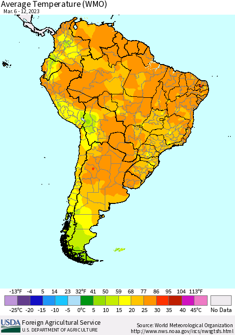 South America Average Temperature (WMO) Thematic Map For 3/6/2023 - 3/12/2023