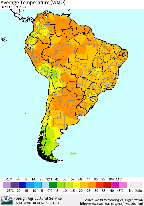 South America Average Temperature (WMO) Thematic Map For 3/13/2023 - 3/19/2023