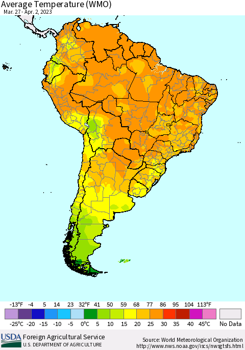 South America Average Temperature (WMO) Thematic Map For 3/27/2023 - 4/2/2023