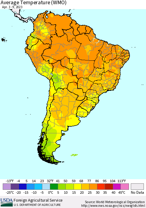 South America Average Temperature (WMO) Thematic Map For 4/3/2023 - 4/9/2023
