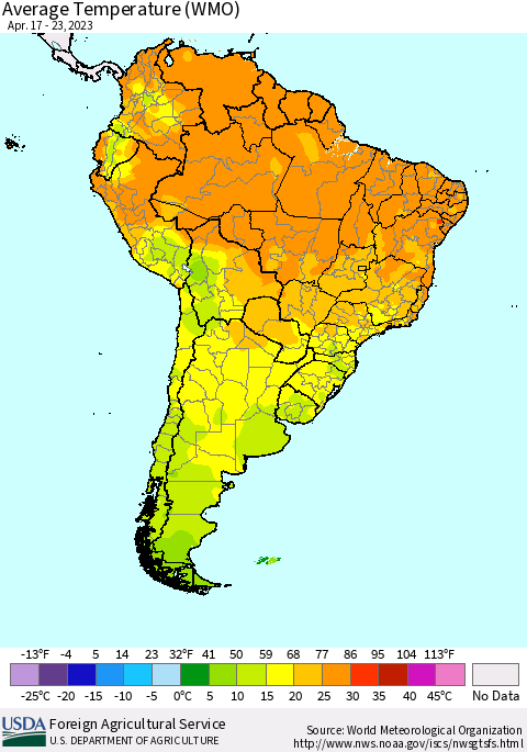 South America Average Temperature (WMO) Thematic Map For 4/17/2023 - 4/23/2023