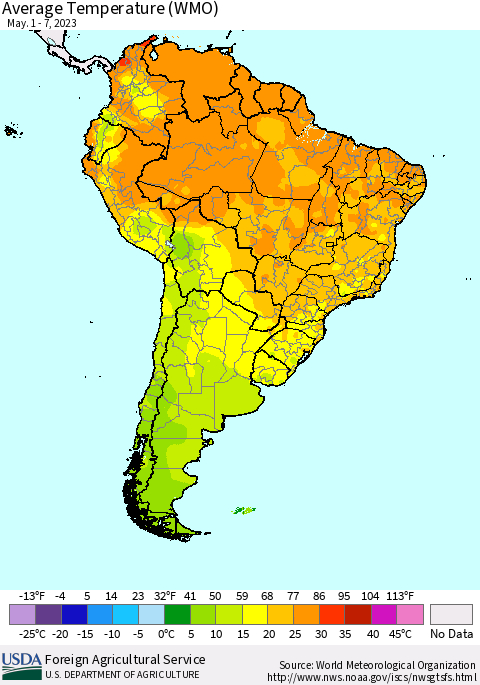 South America Average Temperature (WMO) Thematic Map For 5/1/2023 - 5/7/2023