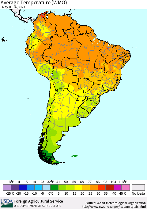 South America Average Temperature (WMO) Thematic Map For 5/8/2023 - 5/14/2023