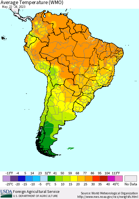 South America Average Temperature (WMO) Thematic Map For 5/22/2023 - 5/28/2023