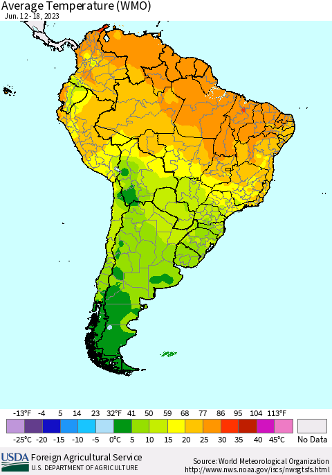 South America Average Temperature (WMO) Thematic Map For 6/12/2023 - 6/18/2023