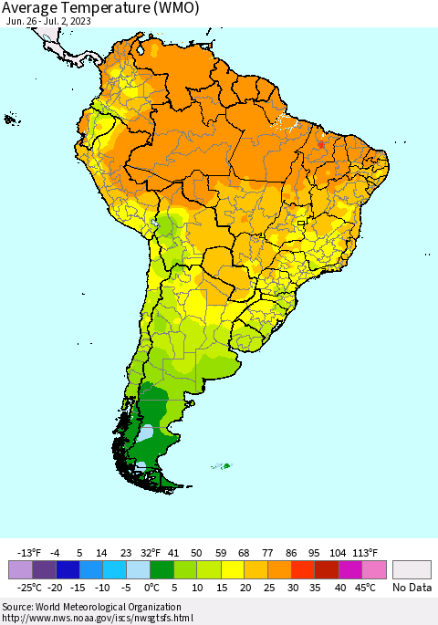 South America Average Temperature (WMO) Thematic Map For 6/26/2023 - 7/2/2023