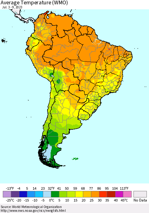 South America Average Temperature (WMO) Thematic Map For 7/3/2023 - 7/9/2023