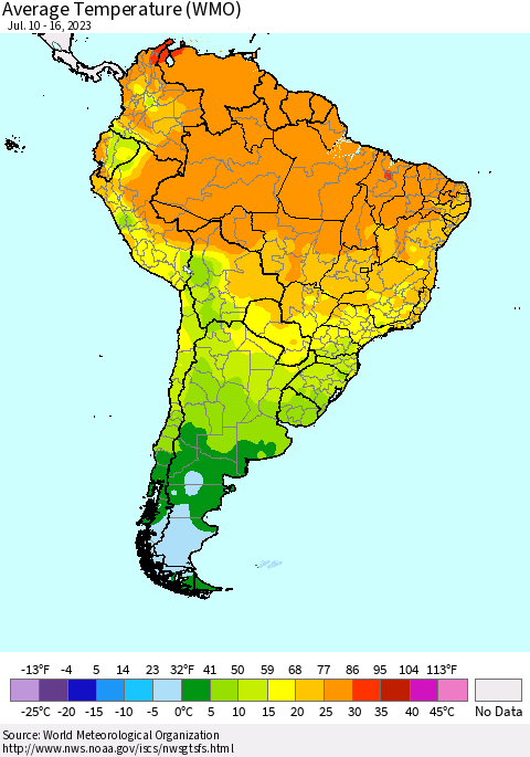 South America Average Temperature (WMO) Thematic Map For 7/10/2023 - 7/16/2023