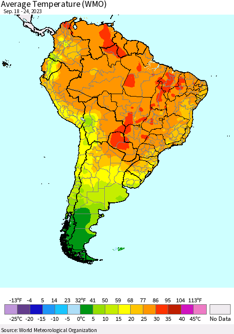 South America Average Temperature (WMO) Thematic Map For 9/18/2023 - 9/24/2023