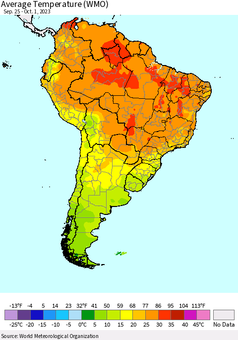 South America Average Temperature (WMO) Thematic Map For 9/25/2023 - 10/1/2023