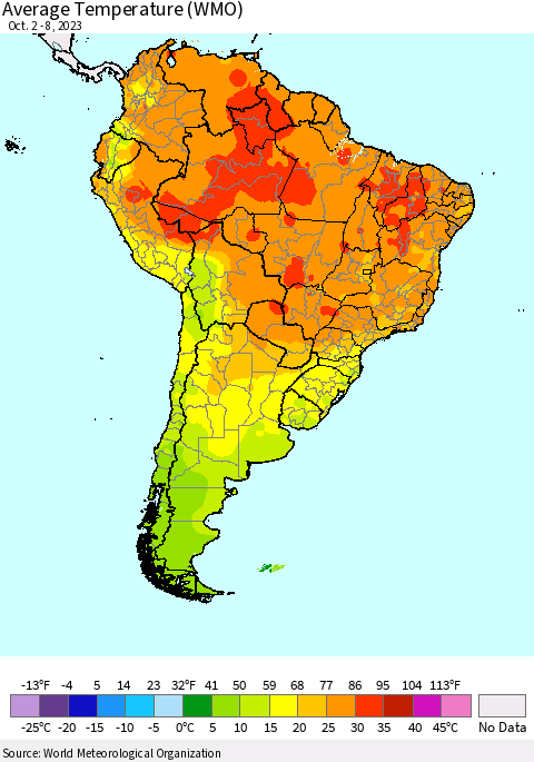 South America Average Temperature (WMO) Thematic Map For 10/2/2023 - 10/8/2023