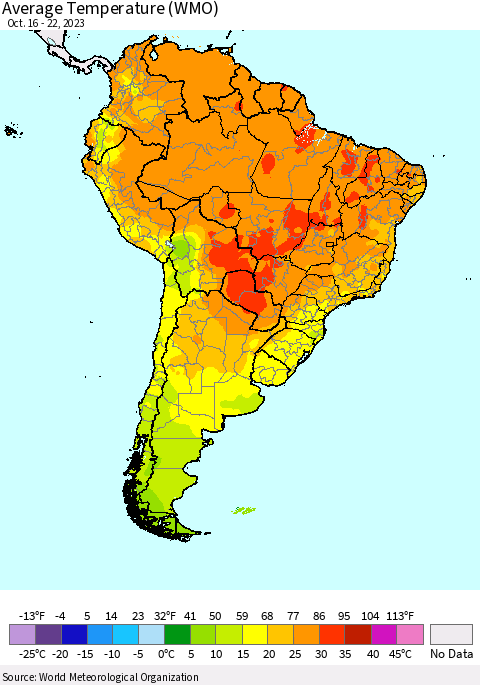 South America Average Temperature (WMO) Thematic Map For 10/16/2023 - 10/22/2023