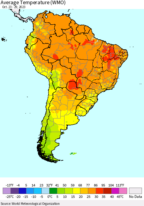 South America Average Temperature (WMO) Thematic Map For 10/23/2023 - 10/29/2023