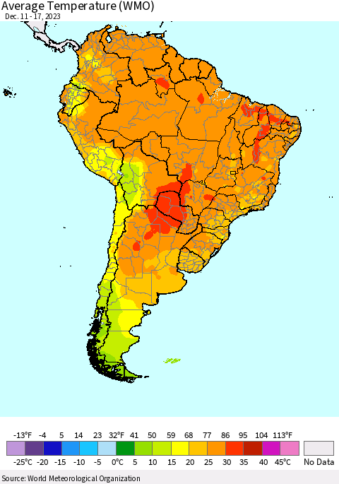 South America Average Temperature (WMO) Thematic Map For 12/11/2023 - 12/17/2023