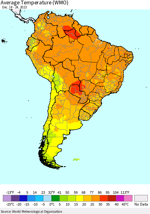 South America Average Temperature (WMO) Thematic Map For 12/18/2023 - 12/24/2023