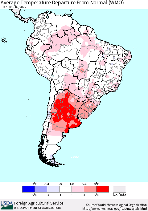 South America Average Temperature Departure from Normal (WMO) Thematic Map For 1/10/2022 - 1/16/2022