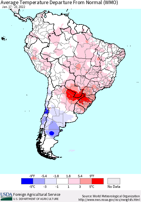 South America Average Temperature Departure from Normal (WMO) Thematic Map For 1/17/2022 - 1/23/2022
