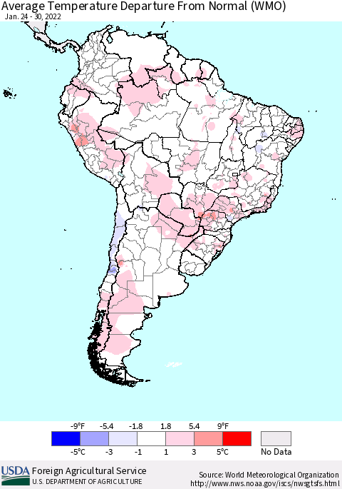 South America Average Temperature Departure from Normal (WMO) Thematic Map For 1/24/2022 - 1/30/2022