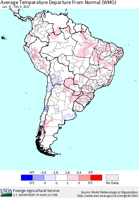 South America Average Temperature Departure from Normal (WMO) Thematic Map For 1/31/2022 - 2/6/2022