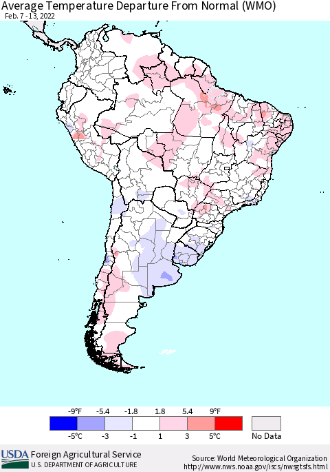 South America Average Temperature Departure from Normal (WMO) Thematic Map For 2/7/2022 - 2/13/2022