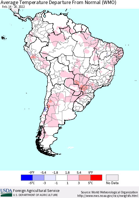 South America Average Temperature Departure from Normal (WMO) Thematic Map For 2/14/2022 - 2/20/2022